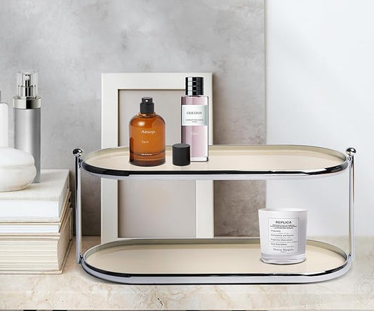 2 Tier Metal Frame Perfume Organizer in Stylish,and Minimalist Perfume Tray-Elegant Countertop Display Shelf for Skincare,Makeup,Trinket for Dresser,Vanity,Bathroom (Creamy White)