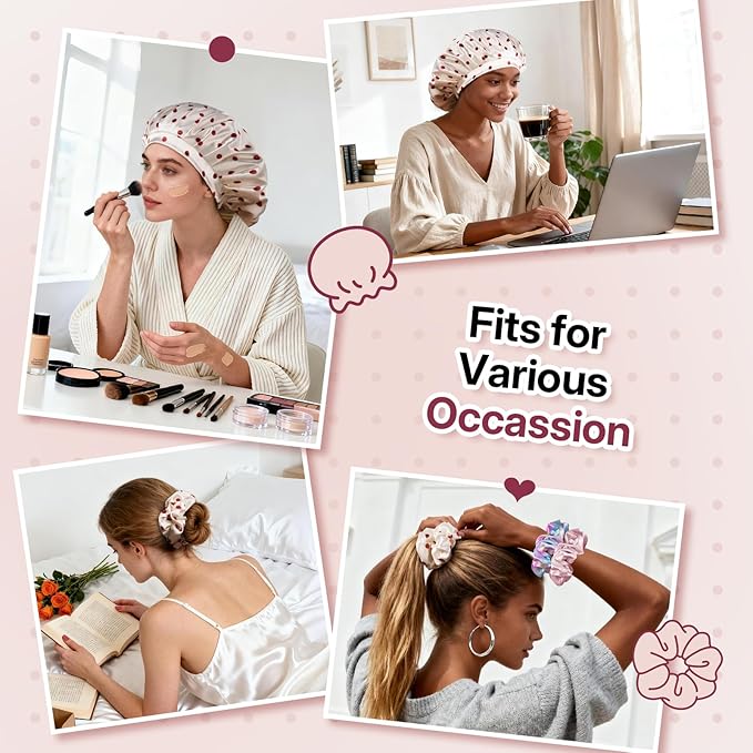LitBear Silk Satin Bonnet for Sleeping Women, Adjustable Double Layer Hair Bonnet with Scrunchies for Curly Natural Hair, Non Slip Softer Night Sleep Cap