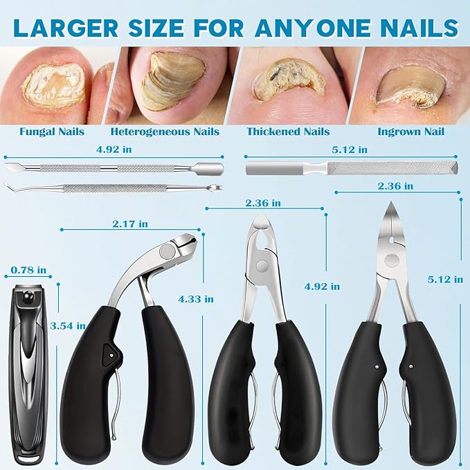 Heavy Duty Toenail Clippers for Thick Nails, 7-in-1 Pedicure Kit with Catcher for Seniors & Men, Professional Wide Jaw Ingrown Toe Nail Clipper Set, Podiatrist Tool
