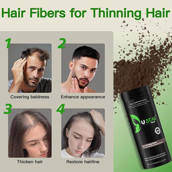 Hair Building Fibers 77.5g, USTAR 5 in 1 Hair Fibers for Thinning Hair with Holding Spray for Instantly Thicker, Fuller Look, Styling Hair Powder for Men & Women (Medium Brown)