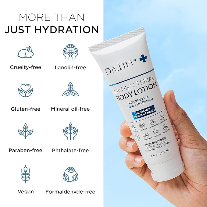 DR. LIFT Antibacterial Body Lotion, Hypoallergenic Formula with Vitamin C & E, Calendula and Chamomile, Gentle on Skin, Non Greasy and Fast Absorbing, Vegan, Paraben Free, Mineral Oil Free, 4 Fl Oz
