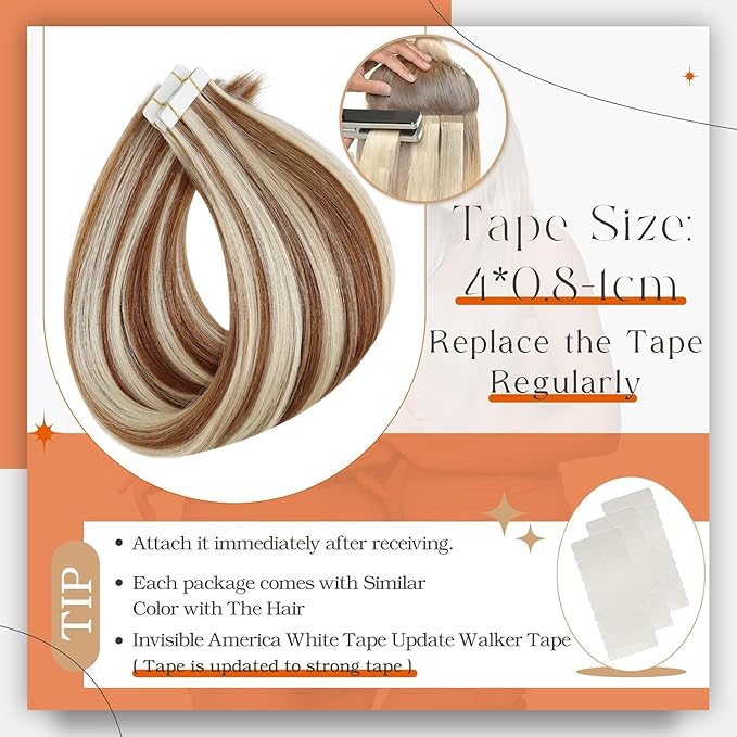 Full Shine Human Hair Extensions Tape in Color 330P800 Highlight Blonde Tape in Hair Extensions Human Hair 20 Inch Seamless Human Hair Tape ins Extensions 50 Gram 20Pcs Remy Extensions Add Length