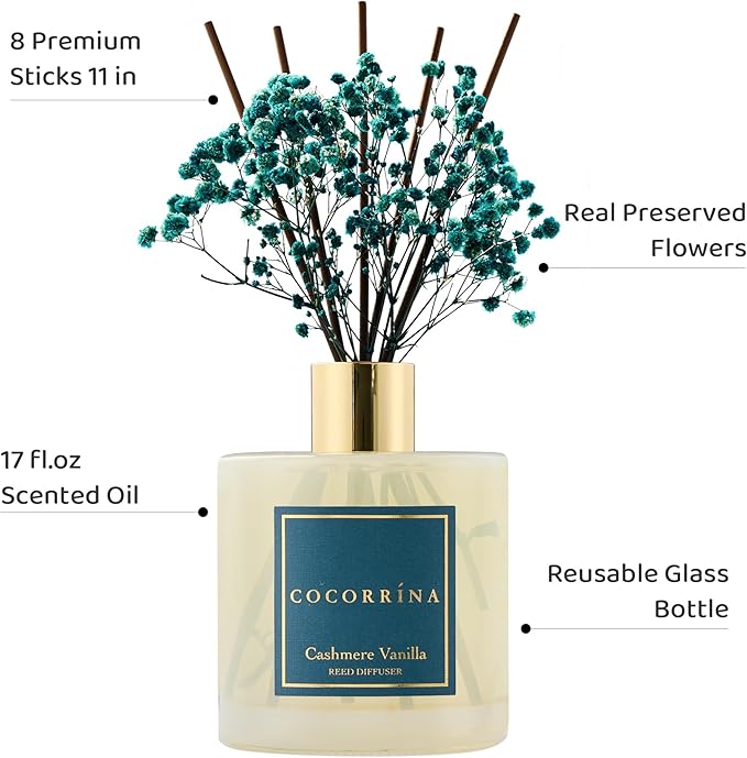 COCORRÍNA Reed Diffuser - Cashmere Vanilla 17 Fl.oz Reed Diffuser with 8 Sticks Scented Diffuser with Preserved Flowers for Bathroom Home Decor
