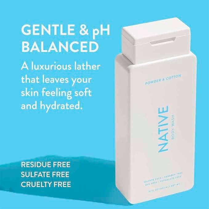 Native Body Wash for Men & Women, Seasonal | Sulfate, Paraben, and Dye Free, with Naturally Derived Clean Ingredients Leaving Skin Soft and Hydrating, Powder & Cotton 18 oz
