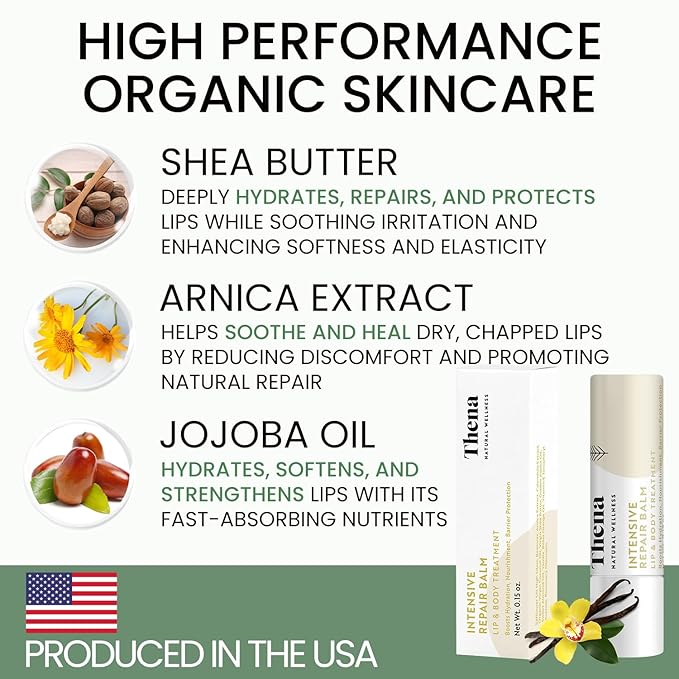 Organic Lip Treatment Balm with Shea Butter & Vanilla, 6 Pack, Ultra Hydrating Nourishing Barrier-Repair Lip Therapy Moisturizer for Dry, Sensitive, Aging Lips, Natural Skin Care, Women and Men