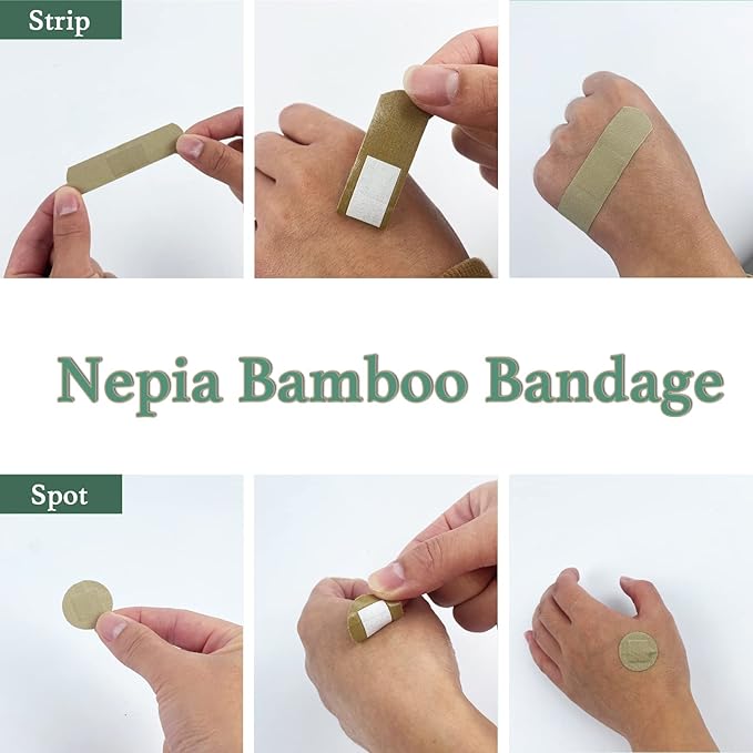Nepia Hypoallergenic Bamboo Fabric Assorted Shapes Bandages | PFAS Free & Latex Free | Eco-Friendly Compostable Bandaids for Sensitive Skin & Scrapes | Flexible Fabric Family Pack (100 Count)