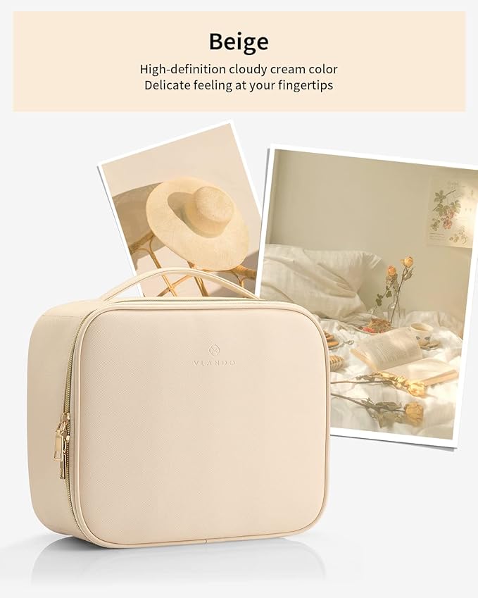 Vlando Travel Makeup Bag, Makeup Bag Organizer,Gift Ideas for Women Girls,Makeup Storgae Bag with Dividers and Handle,Gifts for Christmas,Birthday,Wedding Beige
