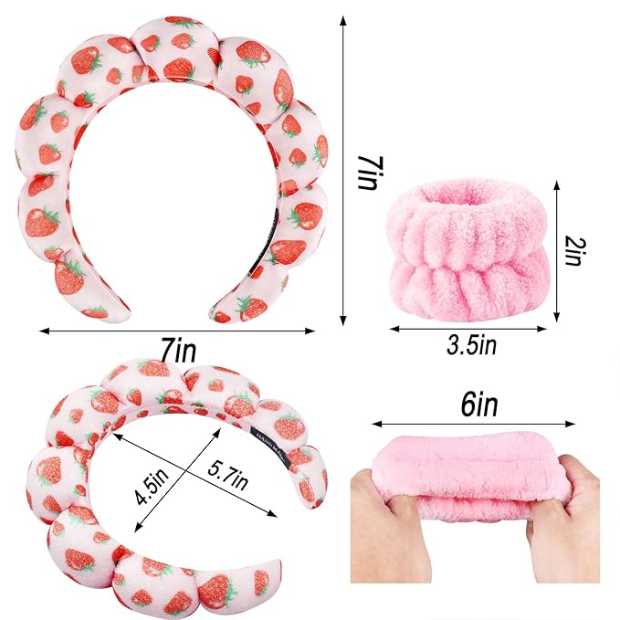 Zkptops Spa Headband for Washing Face Wristband Set Sponge Makeup Skincare Velvet Fabric Bubble Soft Get Ready Hairbands for Women Puffy Pink Headwear Non Slip Thick Thin Hair Accessory (Strawberries)