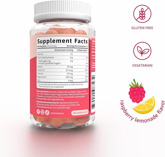 BeLive Magnesium Citrate Gummies with Calcium and Zinc for Adults and Kids - High Absorption Magnesium Supplement for Cognitive, Bone, Muscle and Nerve Health - Raspberry Lemonade - 120 Count