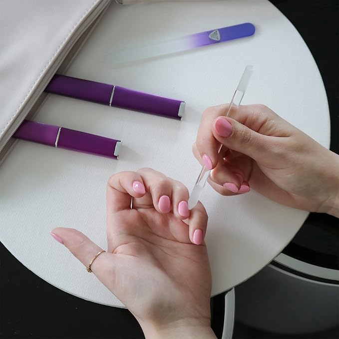 Bona Fide Beauty Glass Nail Files Kit in Purple- 3Pc Set Includes Glass Cuticle Pusher, Mini Travel Nail File, and Medium Glass File for Natural Nails