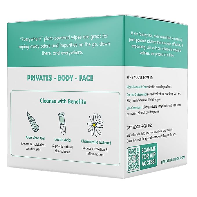 Her Fantasy Box | Everywhere Wipes – 100% Organic Cotton, Gentle & Refreshing, pH-Balanced, Fragrance-Free, Plant-Powered for Body, Face & Intimate Areas, Ideal for Sensitive Skin - 12 Pack, 180 Wipes
