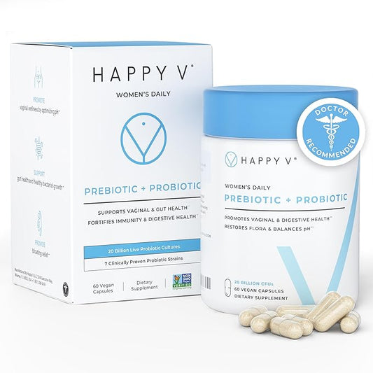Happy V Dr. Formulated Vaginal Probiotics for Women Odor & Itch Support, Urinary & Gut Health, pH Balance | Womens Daily Probiotic with Patented Prebiotics & Lactobacillus for Feminine Wellness