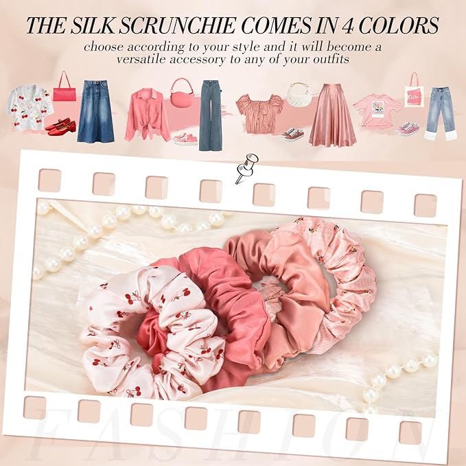 Cherry Pink Mulberry Silk Hair Scrunchies, 4Pcs Silk Hair Ties for Hair Sleep Frizz Breakage Valentine's Galentines Day Gifts