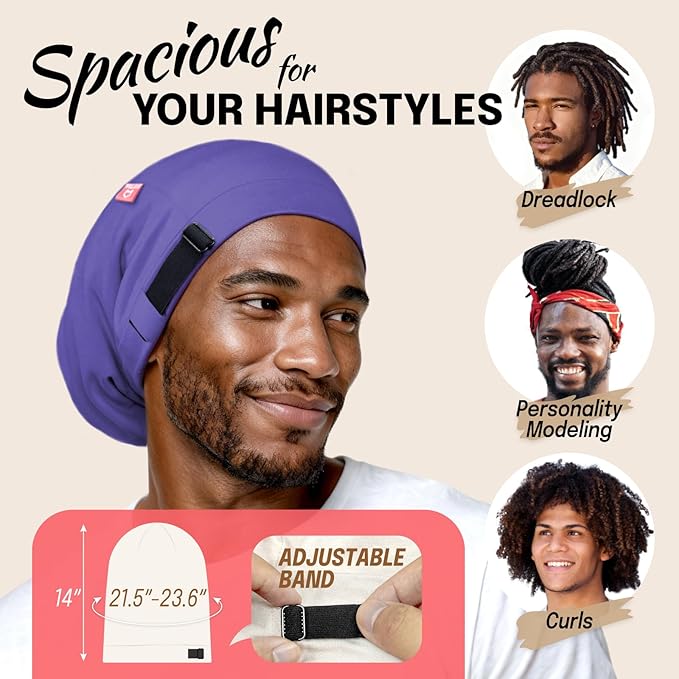 Large Satin Bonnet for Men Sleeping: Loc Cap Dreadlocks for Curly Braids, Silky for Frizzy Hair Smooth Dark Blue