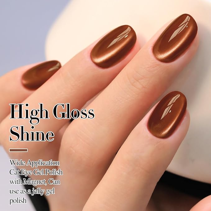 Double Rhythm Cat Eye Gel Polish with Magnet 15ML Holographic Glitter Shimmer Translucent Sheer Color Glass Brown Magnetic Gel Polish Salon DIY at Home (Fall Brown-MC1113)