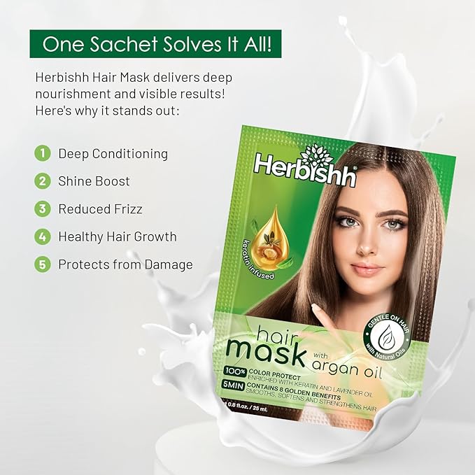 Herbishh Argan Hair Mask - Deep Conditioning & Hydration 25ml x 5 Pouches for Healthier, Nourished Hair | No Sulphates, No Parabens | Travel-Friendly Pack