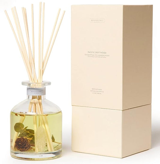 Benevolence LA Pacific Driftwood Reed Diffuser | Eucalyptus, Fig & Sandalwood | Home Fragrance Diffuser for Bathroom | Long-Lasting Scent Sticks | Sun-Kissed Collection
