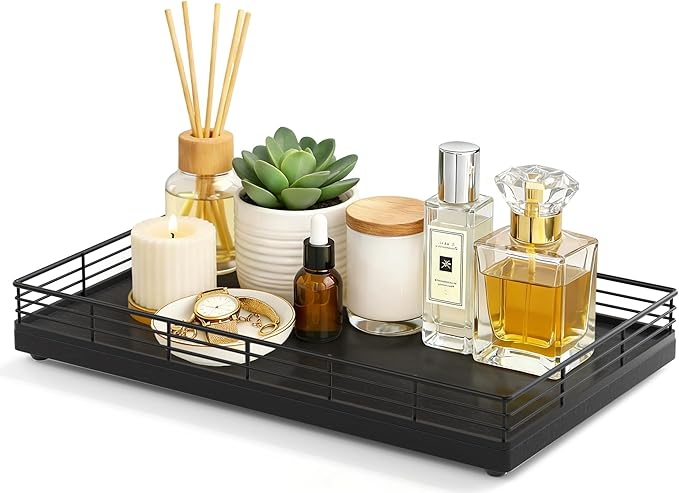 Large Bathroom Vanity Tray – 13" x 8" Oak Decorative Wooden Tray for Bathroom Countertop & Vanity Organizer, Rectangular Wood Tray for Perfume, Skincare, Storage, Vanity Dresser Counter Decor, Black