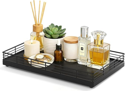 Large Bathroom Vanity Tray – 13" x 8" Oak Decorative Wooden Tray for Bathroom Countertop & Vanity Organizer, Rectangular Wood Tray for Perfume, Skincare, Storage, Vanity Dresser Counter Decor, Black