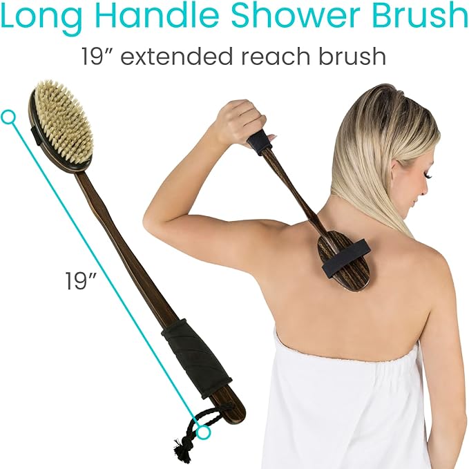Vive Dry Brush Set for Lymphatic Drainage (3 Pieces) - Brushing Scrubber for Exfoliating, Body Cellulite and Skin Massage - 100% Natural Boar Hair Bristles, 14” Long Dark Wooden Handle w/Storage Bag