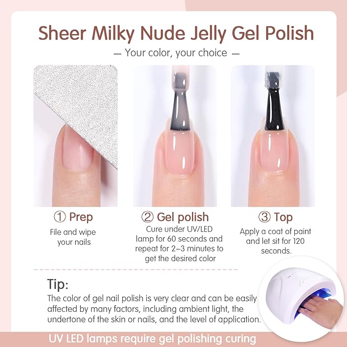 Milky White Jelly Nude Gel Nail Polish Set, 6 Transparent Colors Sheer Pink Gel Nail Kit for Salon and Nail Art DIY at Home