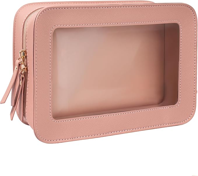 LETGO Clear Makeup Bag, Travel Cosmetic Case Toiletry Bag Make up Organizer Skincare Pouch for Women, Car Essentials Bag with Clear Windows (Pink, Standard)