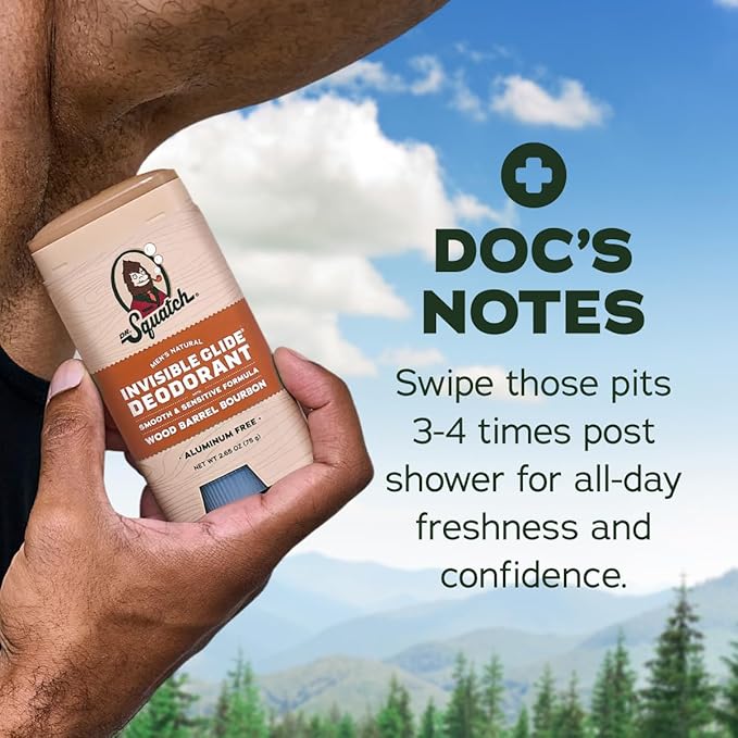 Dr. Squatch Invisible Glide Natural Men’s Deodorant – Smooth Glide, No Stains – Aluminum Free Deodorant Men – Safe for Sensitive Skin – Wood Barrel Bourbon + Rainforest Rapids, 2.65oz (2-Pack)