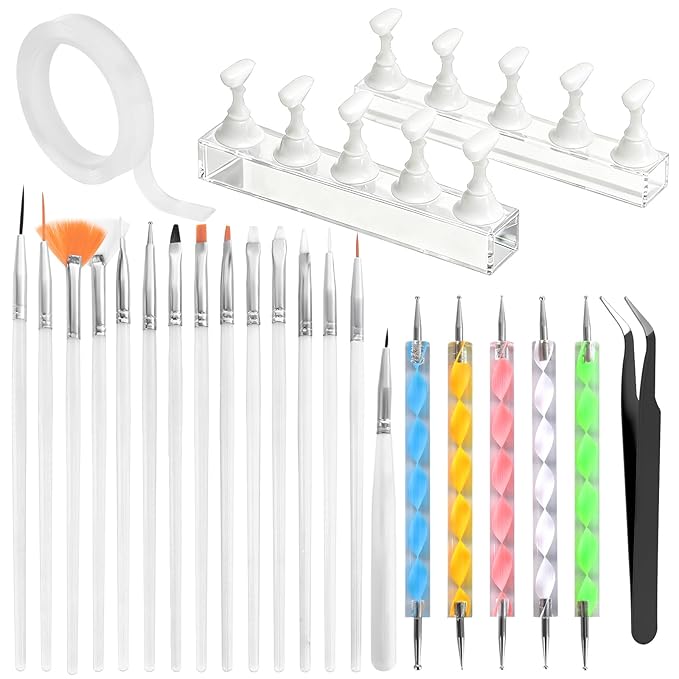Nail Art Tools Kit with 15 Nail Art Brushes, 5 Dotting Tools, Nail Stand for Press-on, Nail Design Tools for Salon & DIY Home Manicure (White)