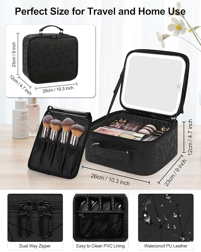 Relavel Travel Makeup Bag With LED Mirror for Women, Cosmetic Organizer Bag with Adjustable Brightness in 3 Color Scenarios, Detachable Dividers, Waterproof Train Case for Daily - Black Strip