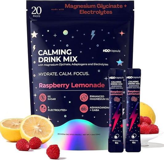 Calm Magnesium Glycinate Powdered Drink Mix with Electrolytes – Sugar Free with Ashwagandha, L-Theanine, Vitamin B 6&GABA – Cortisol Support, Stress Relief, Hydration & Focus - 20 servings (Raspberry)
