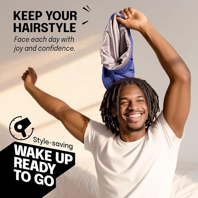 Large Satin Bonnet for Men Sleeping: Loc Cap Dreadlocks for Curly Braids, Silky for Frizzy Hair Smooth Dark Blue