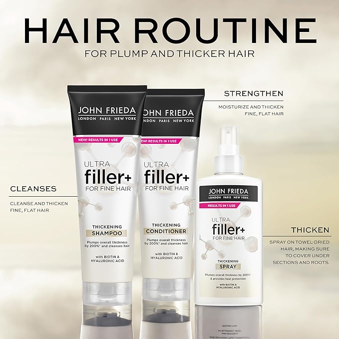 John Frieda ULTRAfiller+ Thickening Spray, Thickening & Strengthening Spray for Damaged or Thin Hair, Infused with Biotin and Hyaluronic Acid to Strengthen Hair for Thicker Fuller Results, 5 Oz
