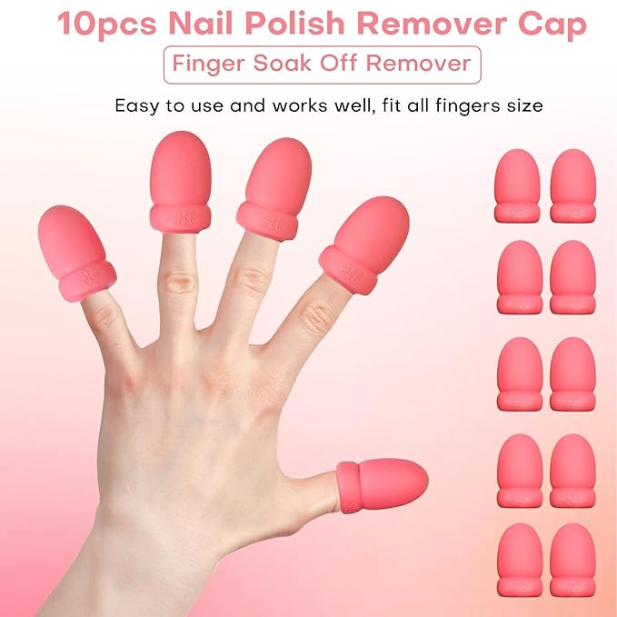 Gel Polish Remover Refill Kits for Nails, Holiday Gifts for Women Girls Nail Polish Remover Set with 10PCS Soak Off Caps & Nail Buffer Block - Quickly Removes Poly Gel & Acrylic Nails (Pink Short)