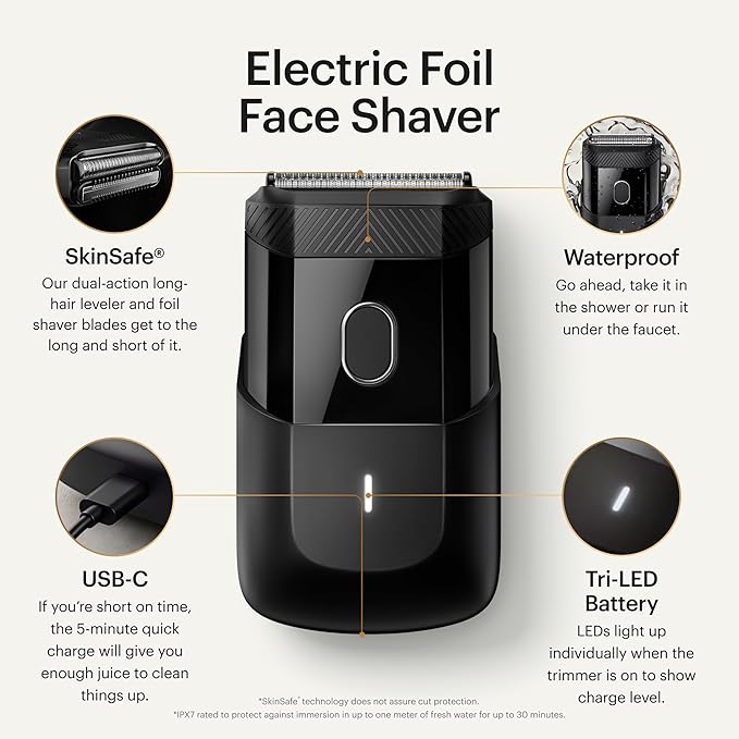 MANSCAPED® The Handyman™ Compact Face Shaver – Portable Men’s Travel Facial Hair Groomer, USB-C Rechargeable Razor, Electric Foil Face Shaver, Waterproof, Cordless, Dual-Action SkinSafe® Foil Blades