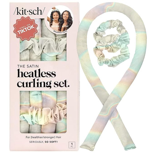 Kitsch Satin Heatless Curling Set – Heatless Curls Overnight with 34" Hair Curler & 2 Satin Scrunchies – Comfortable Hair Curlers to Sleep In for Frizz-Free, No Heat Damage Styling - Aura