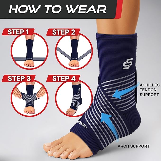 Sleeve Stars Ankle Support for Ligament Damage & Sprained Ankle, Plantar Fasciitis Support & Achilles Tendonitis Pain Relief, Ankle Brace for Women & Men w/Compression Ankle Strap (Single/Navy Blue)