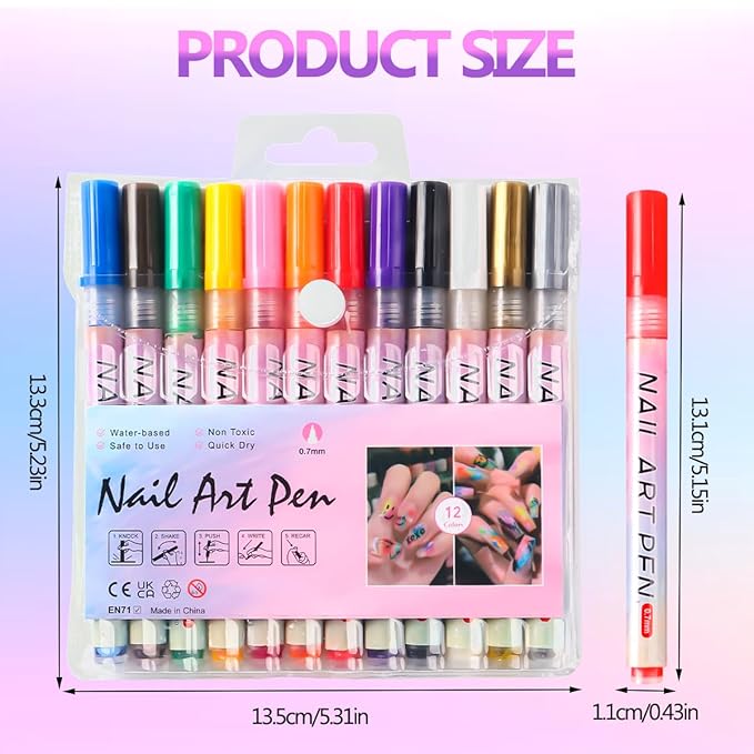Nail Art Pens for Painting Nails, 12 Colors Nail Art Markers Gel Polish Pens Dotting Liner Brush for DIY Nail Design, Home & Salon Manicure Tools