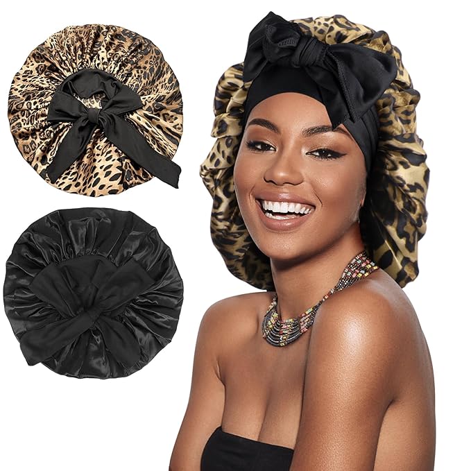 Arqumi 2 Pcs Cheetah-Print Satin Silk Bonnet for Sleeping Women with Long Strap Tie Band, Large Adjustable Cute Sleep Night Cap Hair Bonnet for Men Short Hair, Black+Leopard