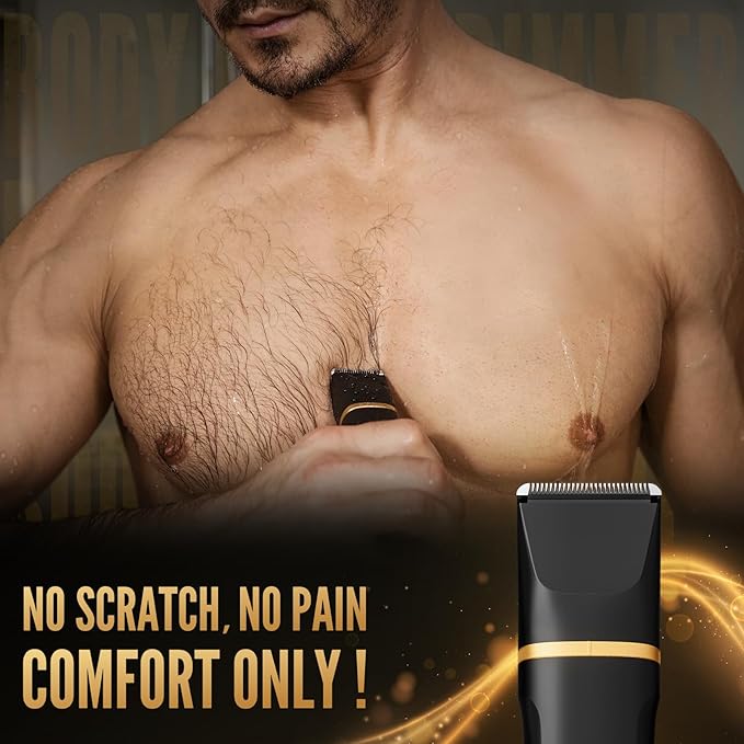 Electric Body Trimmer for Men, IPX7 Waterproof Groin and Pubic Hair Shaver, 2 in 1 Dual Head Grooming Kit for Beard Nose Ear, Cordless Rechargeable with Charging Dock, Ceramic Blades, Painless Trim