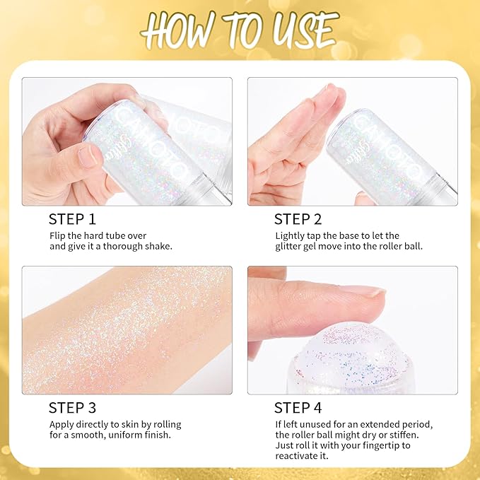 CAHOTO Gold Rolling Glitter for Face Body & Hair, Sparkling Holographic Chunky Shimmer, Roll-on Sequins for Singer Concert Mardi Gras Rave Festival Halloween Party Carnival, 1.35fl.oz