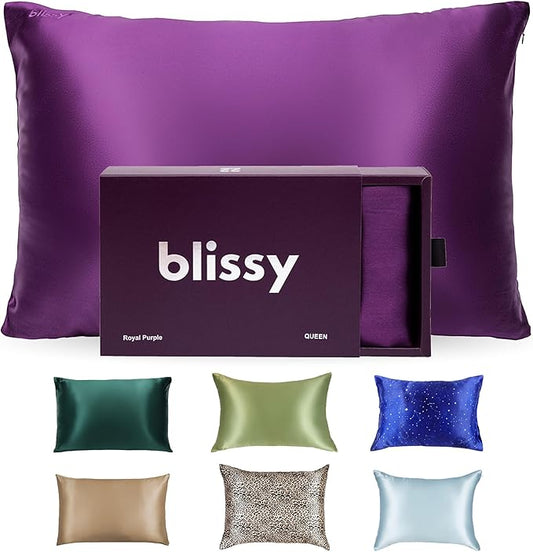 Blissy Silk Pillowcase - 100% Pure Mulberry Silk - 22 Momme 6A High-Grade Fibers - Silk Pillow Cover for Hair & Skin - Regular, Queen & King (Royal Purple, Queen)