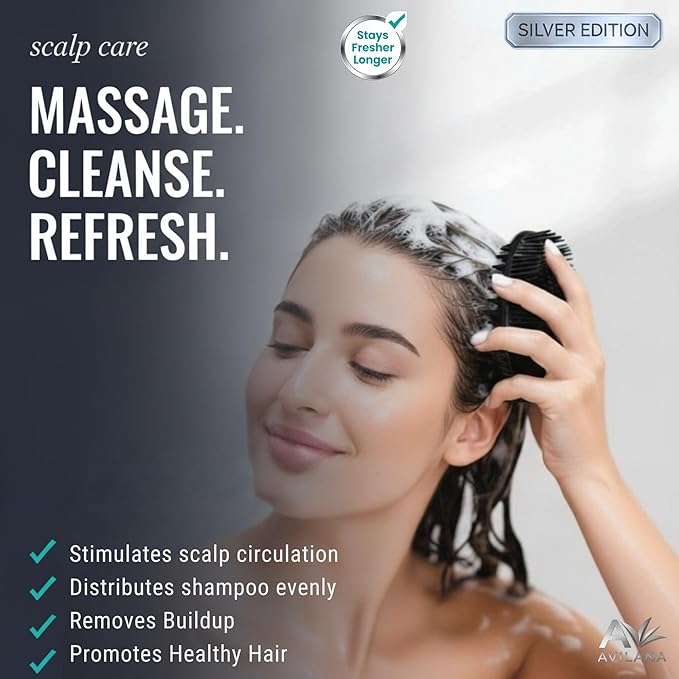 Avilana Silver Edition Scalp Massager Shampoo Brush - Silver-Ion Infused Silicone Scrubber, ISO Tested Soft Bristles, Stays Fresh All Hair Types Gentle Scalp Care Color Treated Safe Women Men Curly