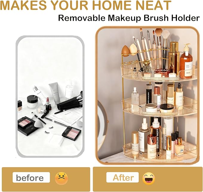 FELIZHOUSE 3-Tier Corner Bathroom Counter Organizer, Bathroom Countertop Shelf Makeup & Skincare Storage with Brush Holder for Vanity, Dresser, Kitchen - Amber