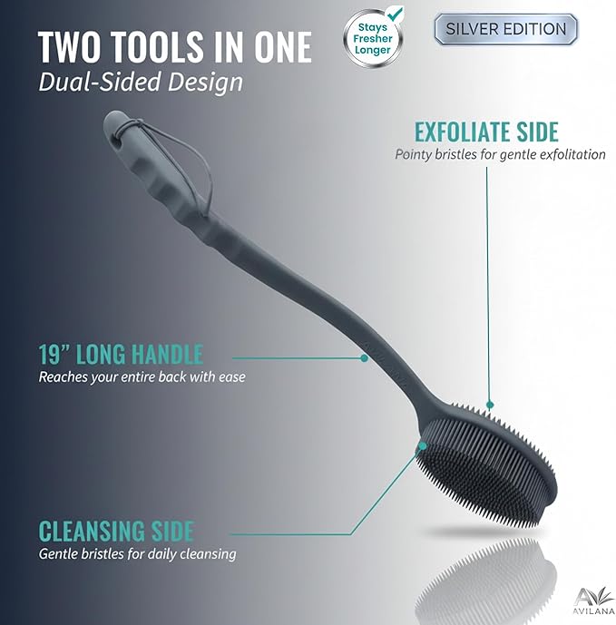 Avilana Silver Edition Back Scrubber Long Handle 19 Inch - Silver-Ion Infused Silicone Bath Brush, ISO Tested Dual Sided, Stays Fresh Extended Reach Back Washer Women Men Seniors Elderly Mobility Gift