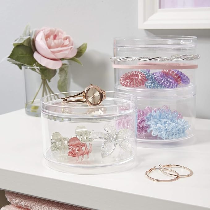 STORi Bella Stackable Clear Plastic Container (Set of 3) Round Vanity Storage Organizers with Lids for Hair Accessories & Beauty Supplies | Made in USA
