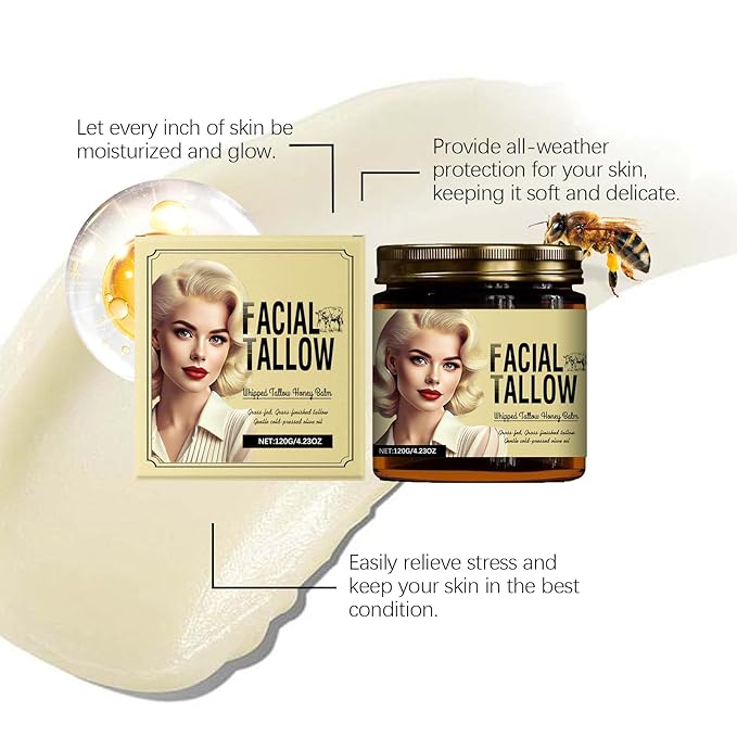 [120g Jar] Tallow & Honey Moisturizing Cream - Deep Hydration, Soothes Dryness, Improves Skin Texture - Lightweight, Fast-Absorbing, Non-Greasy - For Men & Women
