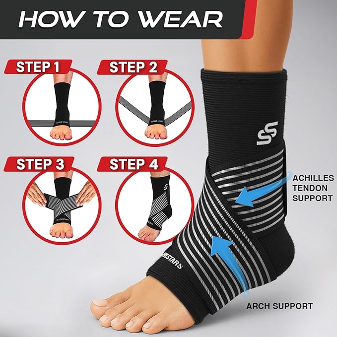 Sleeve Stars Ankle Brace for Women & Men, Ankle Wrap for Sprained Ankle, Compression Sleeve for Plantar Fasciitis Relief, Easy Customizable Support: w/Removable Strap (Pair/S:9"-10"/Black)