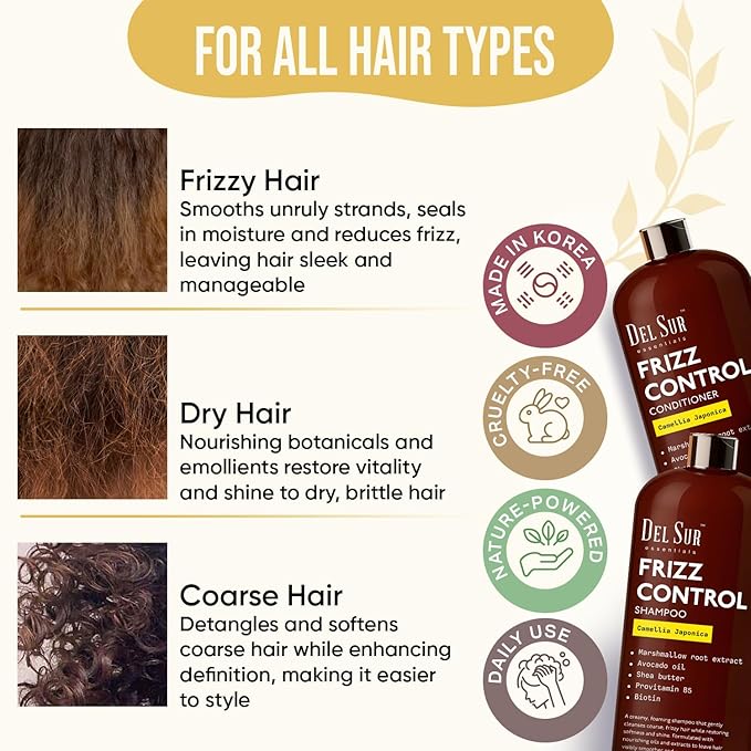 DEL SUR Frizz Control Shampoo and Conditioner Set | 16 fl oz Each | with Camellia Japonica, Shea Butter & Avocado Oil | Smoothing & Anti Frizz for Curly, Wavy & Straight Hair