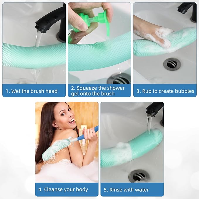 Back Scrubber for Shower，Mesh Sponge Body Shower Brush with Long Handle for Use in Shower Back Scrubber,Back Scrub for Exfoliating Body Scrubber or Shower Brush (Blue and Blue)