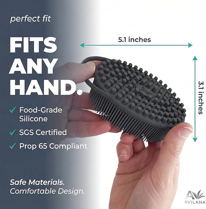 Avilana Premium Silicone Body Scrubber - 8 Years Trusted Since 2017 - SGS Certified Food Grade Dual Sided Bath Brush, Quick-Dry Exfoliating Loofah Alternative, Massage Brush Sensitive Skin Women Men